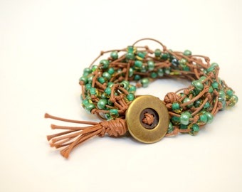 Green Boho Knotted Bracelet/Necklace, Green 2 layer wrap bracelet, Beaded wrap bracelet/necklace