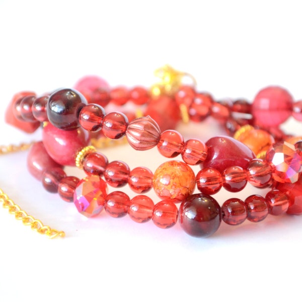 Multiple Gemstones Boho Bracelet/Necklace, Red Gemstones Bracelet/Necklace, jasper/jade/ruby/garnet/glass beads Boho Bracelet/Necklace