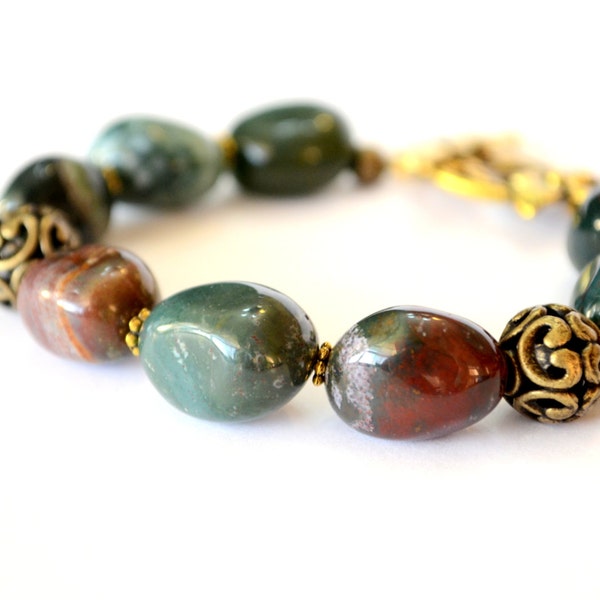 Beautiful Brown and Green Jasper Bead Bracelet, Chunky Jasper Beads Bracelet, Decor Beads with Beautiful Jasper Stone Beaded Bracelet