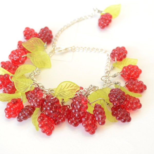 Fall jewelry: Red Raspberry Bead Bracelet, Red Berry Bracelet, Czech Raspberry Glass Beads Bracelet, Czech Green Leaves Glass Beads