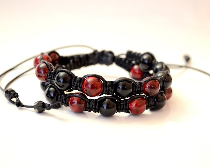 Red and Black Beaded Two Row Shamballa Bracelet, Red and Black ...