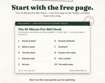 The 10-Minute Pre-Bid Check — Sample Page | Tax Sale Checklist for Land Investors | Vacant Land Due Diligence Printable