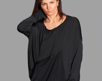 Black Tunic Top, Asymmetric Top, Black Blouse, Long Sleeved Top, Goth Style, Formal Top, Long Blouse, Casual Top, Drape Top, Party Top