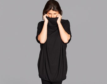 Damen schwarze Tunika, schwarzes übergroßes Oberteil, Frauenpullover-Tunika, lockeres Frauenoberteil, Rollkragen-Oberteil, schwarze Tunika, kurzärmelige Tunika, langes Oberteil