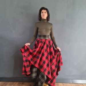 Asymmetrical Skirt, Women Christmas Outfit, Holiday Tartan Skirt, Avantgarde Tartan Skirt, Asymmetrical Plaid Skirt, Christmas Plaid Skirt