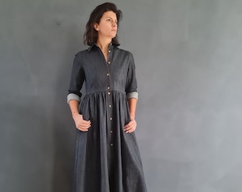 Lange denim jurk, lange shirtjurk, vrouwen shirtjurk, maxi vrouwenjurk, shirtjurk met lange mouwen, boerjurk, vloerlengte jurk, jurk