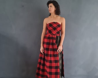 Strapless Plaid Flannel Dress, Holiday Tartan Long Dress