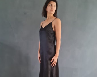 Zijden onderjurk, zwarte zijden jurk, zijden cocktailjurk, zwarte bandjesjurk, midi onderjurk, jurk, vrouwen zijden jurk, zijden bandjesjurk