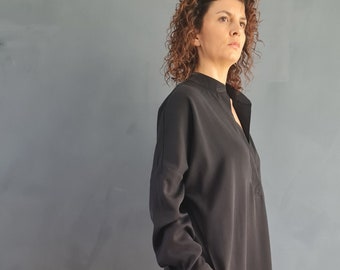 Tencel Long Sleeve Tunic Dress, Deep V Neck with Pockets