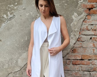 Long Linen Vest, Sleeveless Cardigan Vest, Linen Cardigan Vest, Womens Linen Vest, White Linen Vest, Beige Sleeveless Vest,Summer Linen Vest