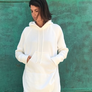 Sweatshirt Dress, Cotton Maxi Hoodie, Raw Seam Piece, Minimalist Streetwear, Long Hoodie with Slits