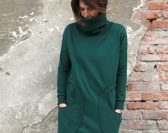 Cotton Sweatshirt Dress, Turtleneck Sweatshirt Dress, Long Sweatshirt Dress, Green Maxi Dress, Plus Size Sweatshirt Dress, Loose Sweatshirt