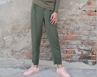 High Waist Lyocell Ankle Pants, Women's Elastic Waist TENCEL Trousers