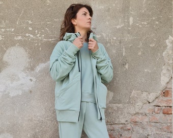 Katoenen hoodie, bijpassende loungeset, groene katoenen hoodie, sportkleding dames, katoenen dameshoodie, hoodie met rits, katoenen sportjack,