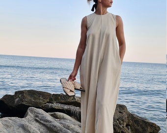 Ecru Linen Jumpsuit, Wide Leg Style With Pockets, Summer Linen Jumpsuit, Casual Outfit, Linen Overall, Boho Jumpsuit, Crew Neck Romper