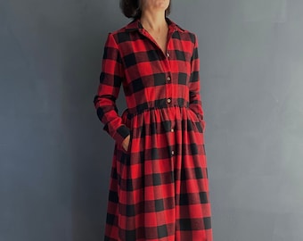 Red Tartan Dress, Red Christmas Dress, Apron Tartan Dress, Women Christmas Dress, Button Up Tartan Dress, Button Up Dress with Collar