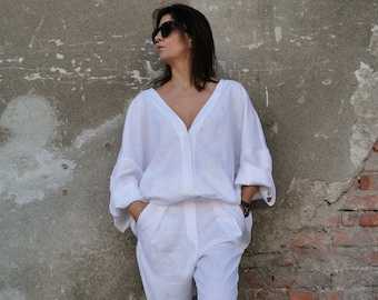 White Linen Shirt, Loose Linen Shirt, Long Sleeve Linen Shirt, White Linen Top, V Neck Linen Shirt, Loose Linen Blouse,  100% Linen Shirt