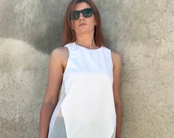 White Tank Top, White Sleeveless Top, White Mesh Top, Summer White Top, Womens White Top, Loose Fit Top, Casual White top,Plus Size Clothing