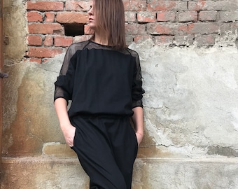 Black Linen Jumpsuit, Long Sleeve Linen Romper, Womens Romper, Linen Playsuit, Linen Overall, Loose Fit Romper, Plus Size Linen Overall