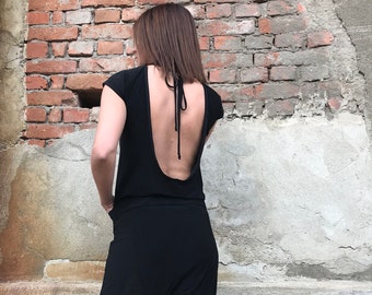 Open Back Jumpsuit, Sexy Back Jumpsuit, Jumpsuit Leggings, Black Summer Jumpsuit, Pockets and Cape Shoulders, Festival Clothing, Light Wear