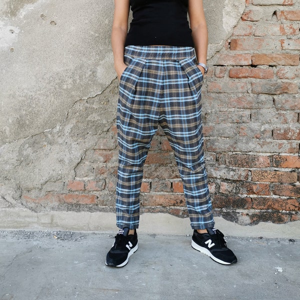 Plaid Wool Pants, Women Plaid Pants, Winter Plaid Pants,  Winter Women Pants, Elastic Waist Pants, Cropped Plaid Pants, Taper Plaid Pants