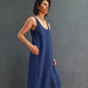 Linen Tank Dress with Pockets, 100% Pure Linen Sleeveless Midi Dress, Summer A-Line Dress, Minimalist Linen Dress Women, Navy Linen Dress