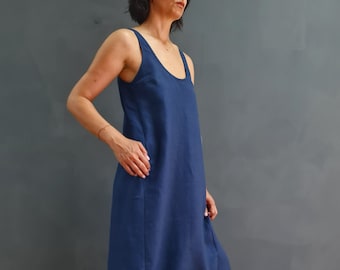 Blue Linen Pinafore Dress with Pockets, Loose Fit Layering Dress, Minimalist Linen Clothing, Sleeveless Casual Dress, Comfortable Loungewear