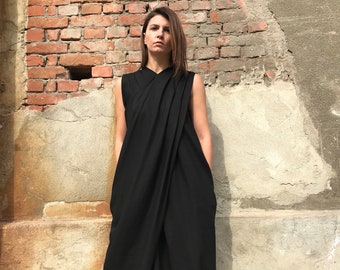 Black Linen Jumpsuit, Wide Leg Romper With Pockets, Sustainable Clothing