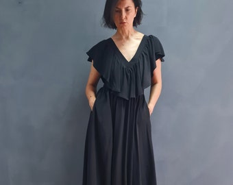 Black Tencel Maxi Dress, Ruffle Top, Side Pockets