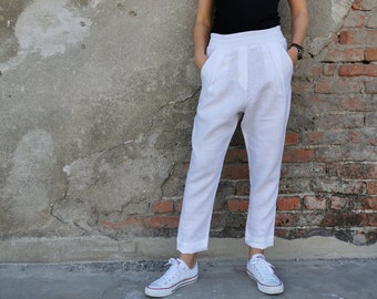 White Slim Linen Pants, Women Linen Pants, Tapered Linen Pants, White Linen Pants, Summer Linen Pants, White Pants, Casual Linen Pants,