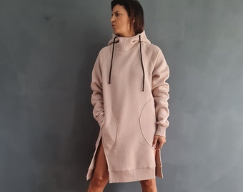 Cotton Fleece Hoodie Dress, Oversized Sweatshirt with Pockets
