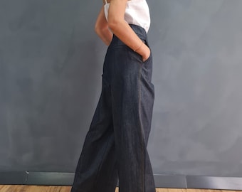 High Waist Wide Leg Denim Pants, 100% Cotton
