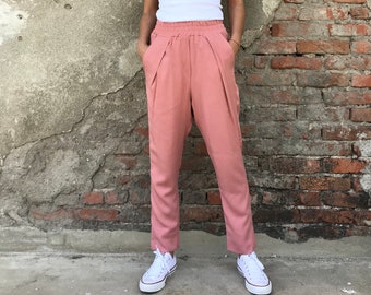 Pantalones de Tencel Relax Fit, Pantalones de Tencel Holgados, Pantalones de Cintura Elástica, Pantalones de Tencel Holgados, Pantalones de Tencel Slim Fit, Pantalones Holgados de Verano, Pantalones Color Melocotón
