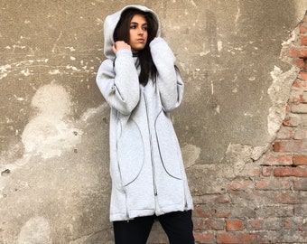 Neoprene Hooded Sweatshirt, Sporty Hooded Sweatshirt, Grey Hooded Jacket, Long Hooded Jacket, Oversized Hooded Jacket, Neoprene Sweatshirt