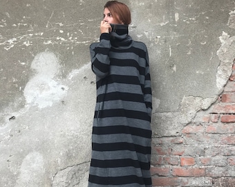 Robe longue d'hiver, Robe pull, Vêtements grande taille, Robe caftan pour femme, Robe à col roulé, Robe longue, Robe à rayures, Robe grise, Robe ample