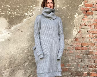 Loose Knit Sweater, Women Sweater Dress, Maxi Knit Sweater, Winter Knit Pullover, Casual Dress, Plus Size Dress, Gray Knit Sweater, Knit