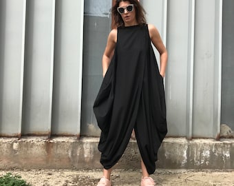 Sleeveless Draped Black Dress, Unique Silhouette, Relaxed Fit Black Linen Dress, Easy Wear Black Draped Sleeveless Dress