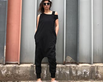 Linen Harem Jumpsuit, Black Harem Jumpsuit, Black Loose Jumpsuit, Women Harem Jumpsuit, Drop Crotch Jumpsuit, Linen Jumpsuit, Summer Romper