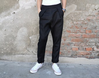Zwarte linnen broek, zwarte Capri linnen broek, elastische taille linnen broek, drop Crotch linnen broek, midden taille linnen broek, linnen Capri broek
