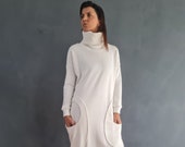 White Sweatshirt Dress, Turtleneck Sweater Dress, White Long Dress, White Maxi Sweatshirt, Plus Size Sweatshirt Dress, Loose Sweatshirt