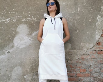 【OJOS】24SS★ Knit Hoodie Sleeveless Dress Sleeveless Sweatshirt Dress, Sleeveless Midi Dress, Hooded