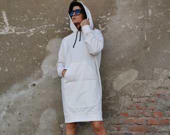 White Midi Dress, White Midi Sweatshirt Dress, Knee Length Sweatshirt Dress, Loose Sweatshirt, Mid Hoodie Dress, Sweatshirt Dress, Hoodie