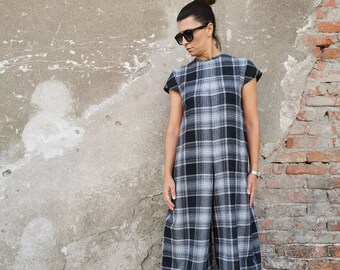 Women Plaid Jumpsuit, Plaid Wool Jumpsuit, Loose Leg Plaid Jumpsuit, Plus Size Plaid Jumpsuit, Plaid Jumpsuit, Minimalist Jumpsuit, Plaid