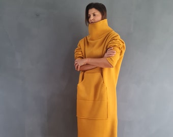 Mustard Sweatshirt, Cotton Sweatshirt, High Neck Sweatshirt, Mustard Maxi Dress, Mustard Sweatshirt, Long  Sweatshirt, Sweater Dress, Yellow