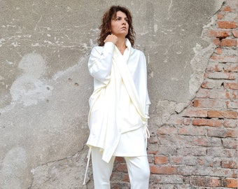 Cárdigan cruzado, cárdigan de punto crudo, cárdigan de punto extragrande, cárdigan de punto para mujer, cárdigan crudo, top de invierno, ropa de vanguardia, blanco