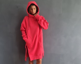 Cotton Hoodie Dress, Sweater Dress, Sweatshirt Dress, Cotton Sweatshirt Dress, Long Sweatshirt, Hooded Sweatshirt, Above The Knee Sweater,