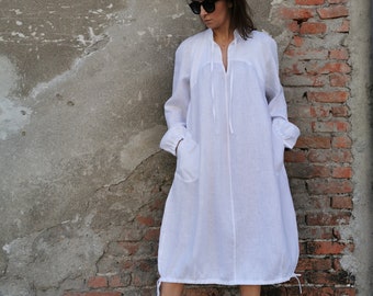 White Balloon Dress, Pure Linen Dress, White Linen Dress, Loose Linen Dress, White Tunic Dress, Tunic Linen Dress, Plus Size Linen Dress,