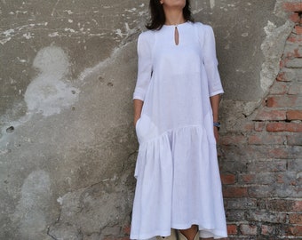 Pure Linen Dress, White Linen Dress, Short Sleeves White Dress, Avant Garde Dress, Loose Fit White Dress, Summer Linen Dress, White Dress