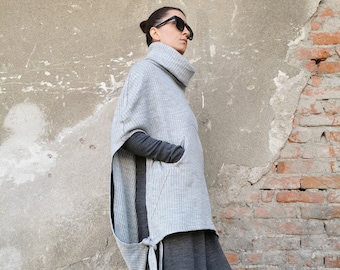 Poncho for Women, Womens Winter Poncho, Turtleneck Poncho, Winter Overall, High Collar Poncho, Pockets Poncho, Poncho Sweater, Grey Poncho