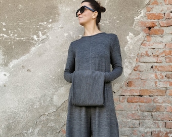 Winter Jumpsuit, Long Sleeves Jumpsuit, Knit Women Jumpsuit, Turtleneck Jumpsuit, Wide Leg Jumpsuit, Women Winter Romper, Dark Grey Romper